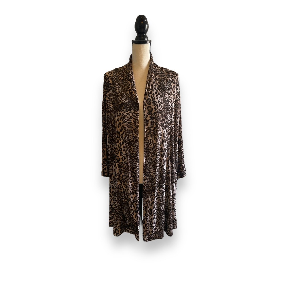 Vikki Vi Womens 2X Leopard Print Open Front Cardigan Slinky Longline Jacket USA